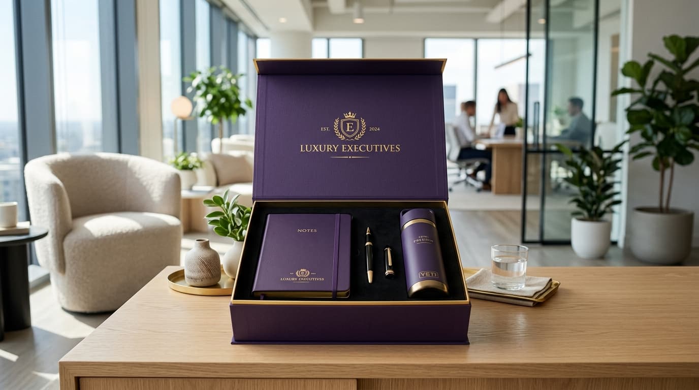 Premium corporate gift box arranged on a styled display
